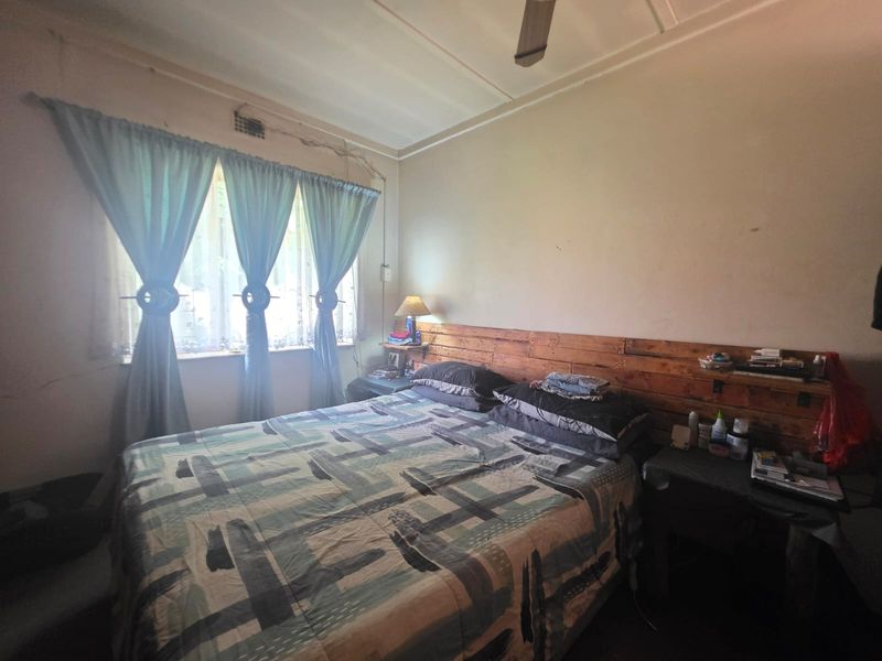 A bedroom featuring a ceiling fan and window with curtains, showing signs of wear on the walls requiring maintenance and cosmetic updates.