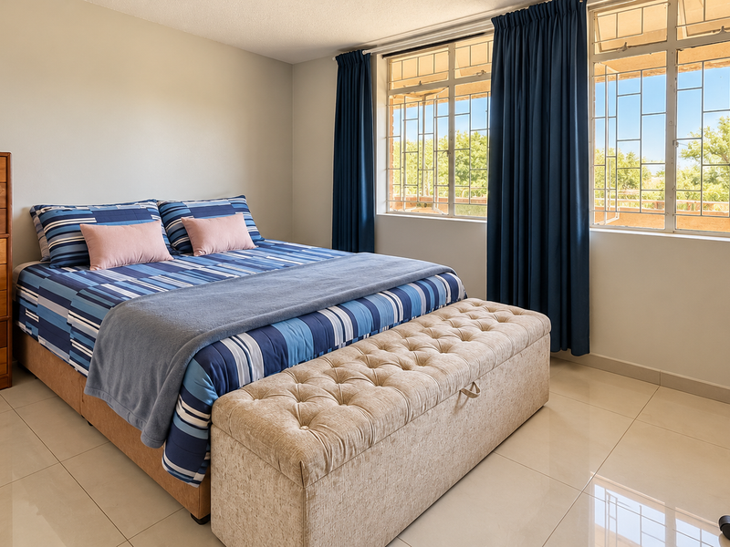 A well-lit bedroom featuring tiled flooring and large windows with security bars, offering a clean and functional living space.