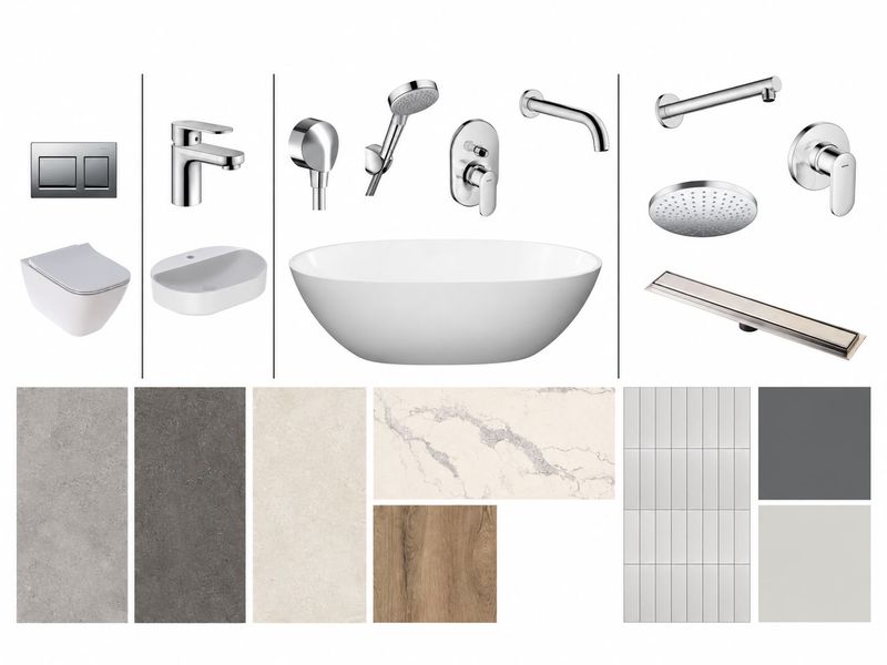 A collection of modern bathroom fixtures, sanitary ware, and material samples including tiles, stone, and wood finishes.