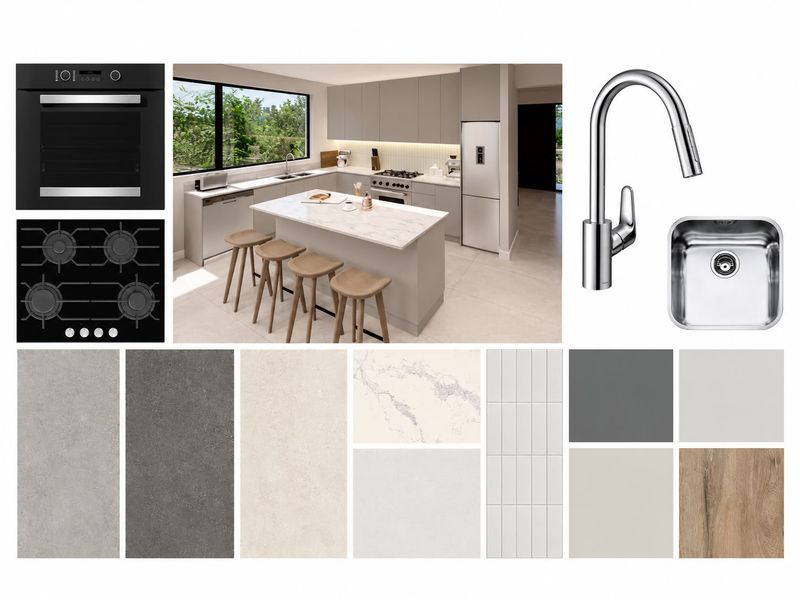 A modern kitchen design featuring a central island, stone countertops, integrated appliances, and a neutral color palette with high-quality finishes.
