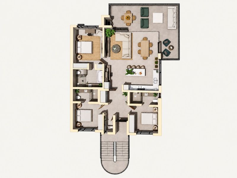A detailed 3D floor plan showing a three-bedroom apartment layout with an open-plan living area, kitchen, two bathrooms, and a spacious balcony.