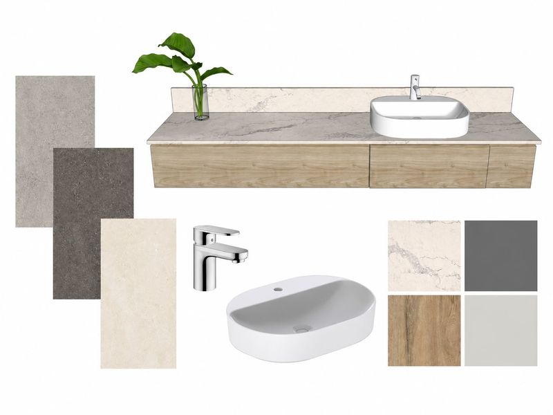 A design mood board showcasing bathroom vanity finishes, including a stone countertop, vessel sink, faucet, and various tile and cabinetry material samples.