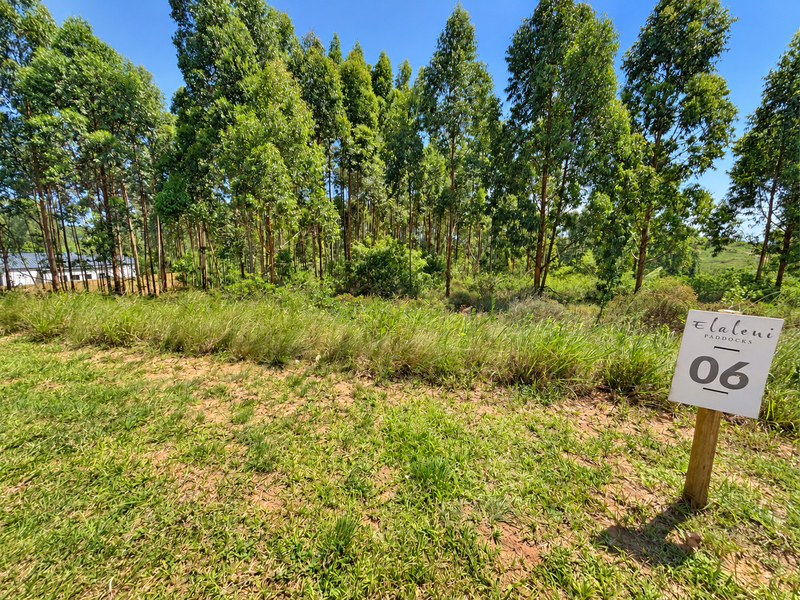 A view of a vacant residential plot featuring established trees and natural grass cover, marked with a property identification sign.