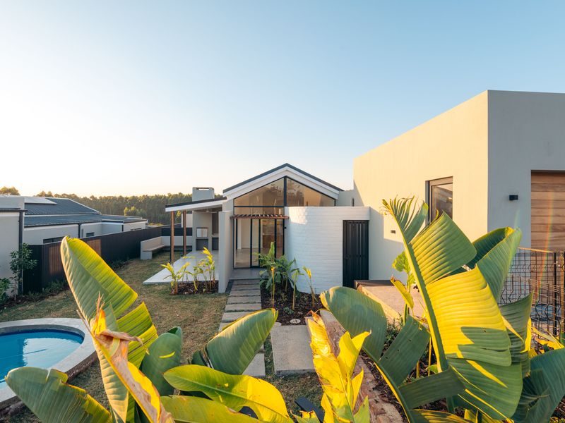 Modern rear exterior featuring a swimming pool, covered patio with built-in braai, and contemporary architectural design with a curved brick feature wall.