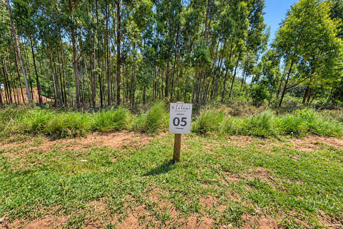 A view of a vacant residential plot featuring natural grassland and mature trees, marked with a property identification sign.