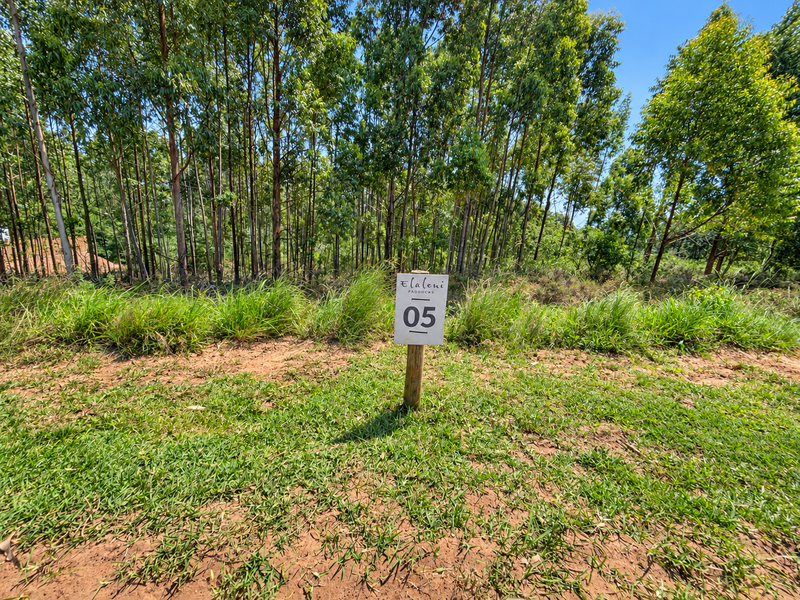 A view of a vacant residential plot featuring natural grassland and mature trees, marked with a property identification sign.