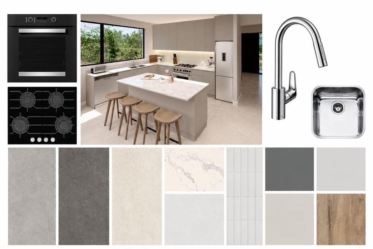 A modern kitchen design featuring a central island, stone countertops, integrated appliances, and a neutral color palette with high-quality finishes.