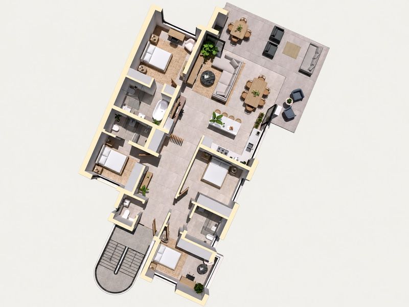 A detailed 3D floor plan showing the layout of a multi-bedroom apartment with an open-plan living area and outdoor patio space.