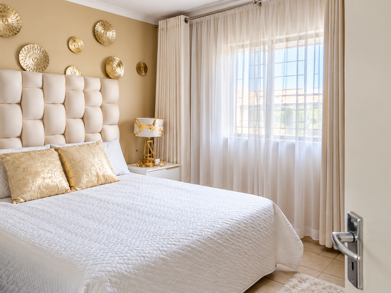 A well-maintained bedroom featuring tiled flooring and a window with security bars, finished with neutral wall tones and soft window treatments.