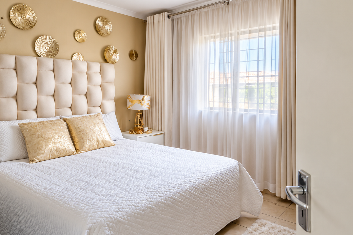 A well-maintained bedroom featuring tiled flooring and a window with security bars, finished with neutral wall tones and soft window treatments.