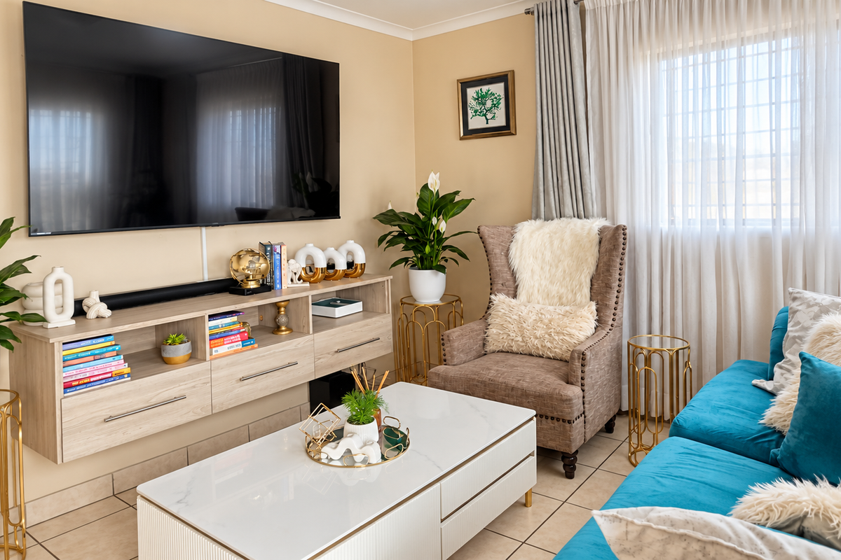 A well-maintained living room featuring tiled flooring, neutral wall tones, and a window fitted with security bars.