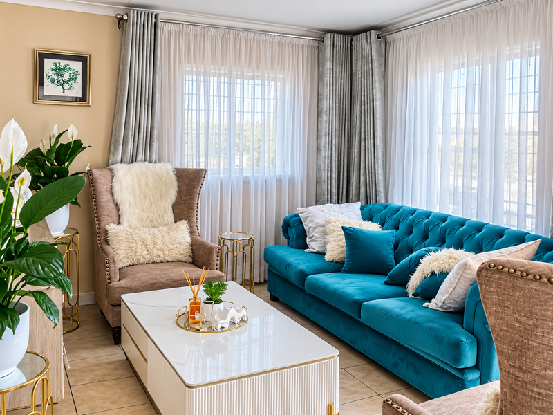 A well-maintained living room featuring tiled flooring and large windows with fitted curtain tracks, offering a bright and comfortable atmosphere.