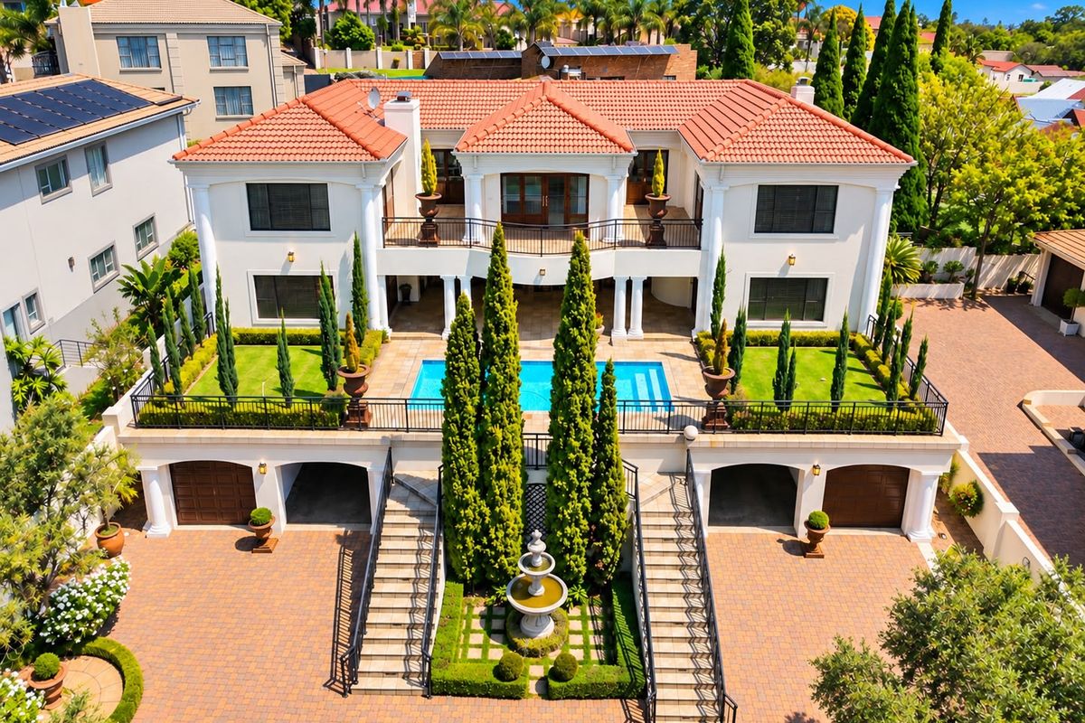 Aerial view of a luxury multi-level residence featuring a swimming pool, manicured gardens, a central fountain, and a spacious paved driveway with double garages.
