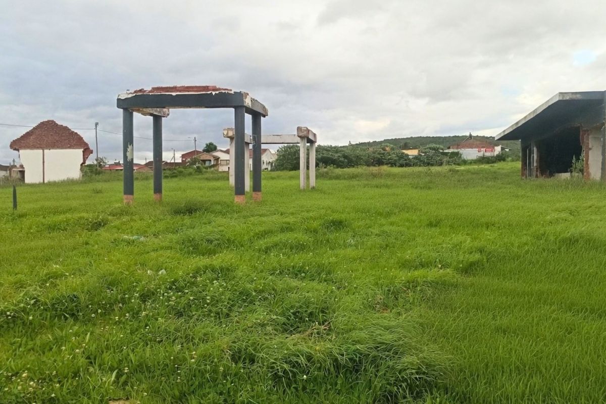 Vacant residential land featuring overgrown grass and the remains of concrete structural pillars and a partially demolished building shell.