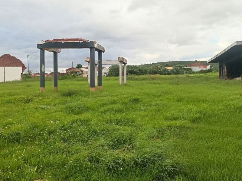 Vacant residential land featuring overgrown grass and the remains of concrete structural pillars and a partially demolished building shell.