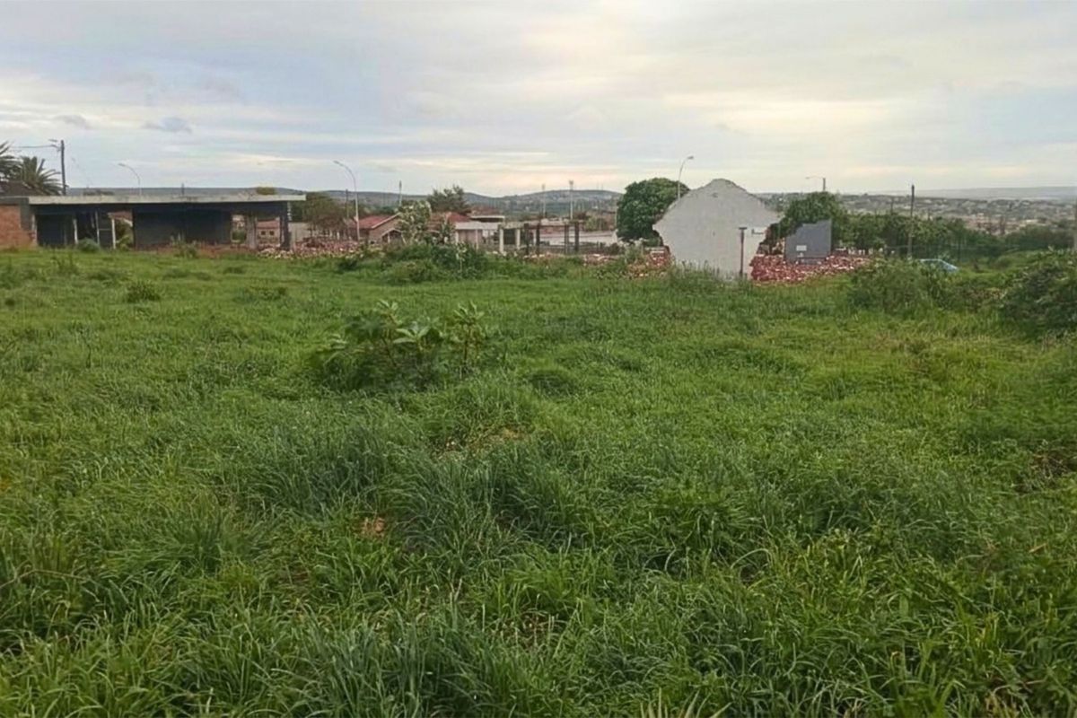 A view of a vacant residential plot featuring overgrown grass and surrounding neighborhood infrastructure.