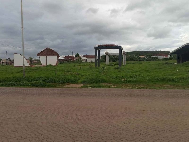 Vacant residential land featuring remnants of previous structures and concrete framing, situated along a paved street in a developing area.