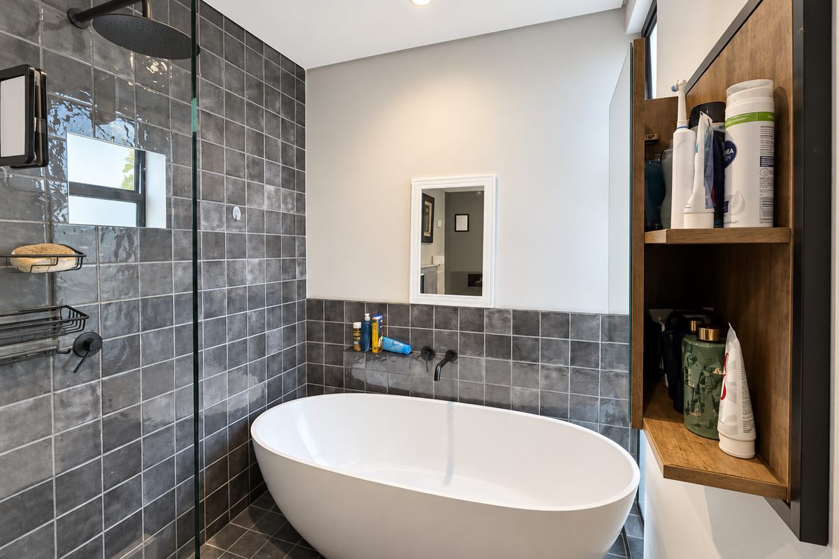 Modern bathroom featuring a sleek freestanding bathtub, wall-mounted fixtures, a glass-enclosed rain shower, and stylish grey tiled finishes with integrated shelving.