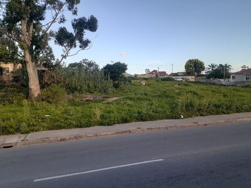 A vacant residential plot featuring a concrete sidewalk, boundary wall, and mature trees, offering a clear view from the street.