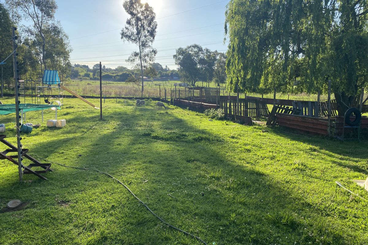 Expansive garden area on a small holding featuring mature trees, established lawn, and perimeter fencing.