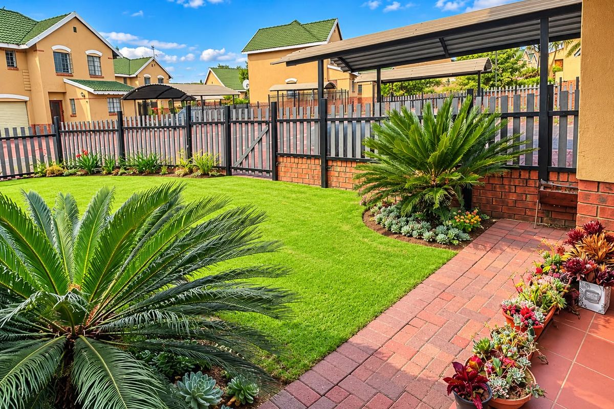 A well-maintained rear garden featuring brick paving, a covered patio area, and secure metal perimeter fencing within a townhouse complex.