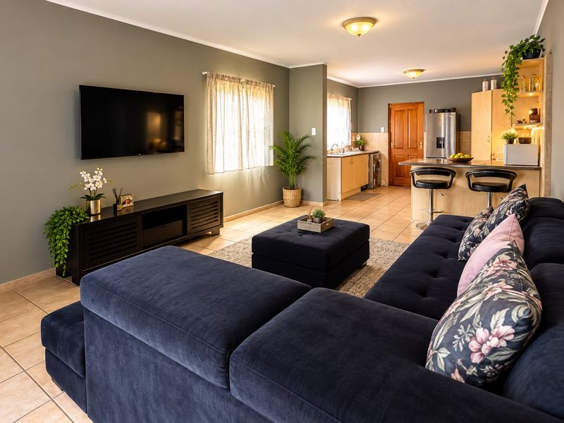 Spacious open-plan living area featuring tiled floors, a functional kitchen with island, and neutral wall tones, creating a comfortable and cohesive living space.
