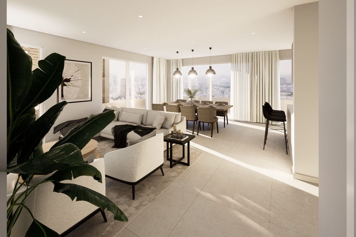 A bright and modern open-plan living and dining area featuring large windows, tiled flooring, and contemporary pendant lighting with an expansive city view.