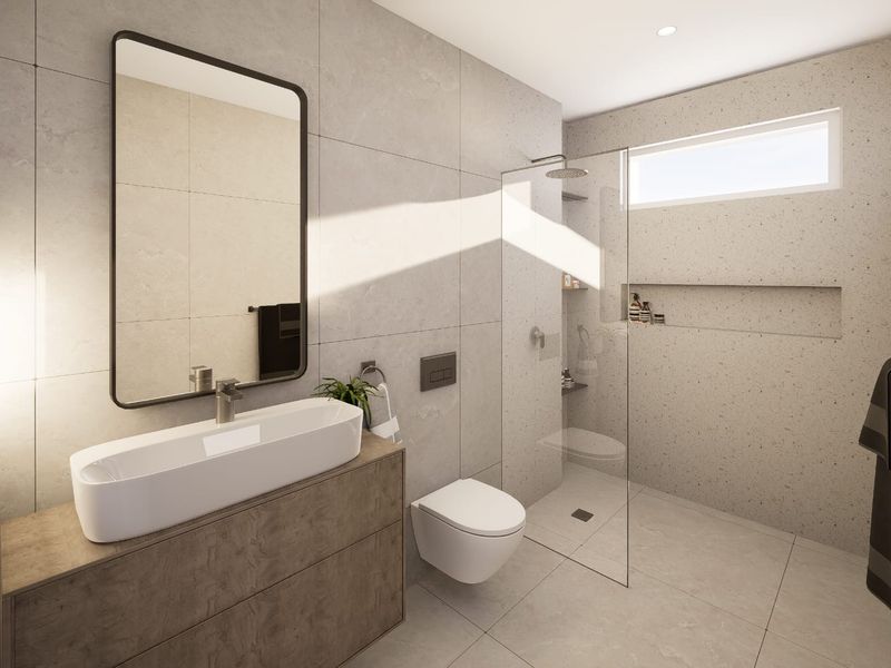 Modern bathroom featuring a wall-mounted toilet, walk-in shower with glass screen, built-in niche, and a stylish vanity with a vessel sink.