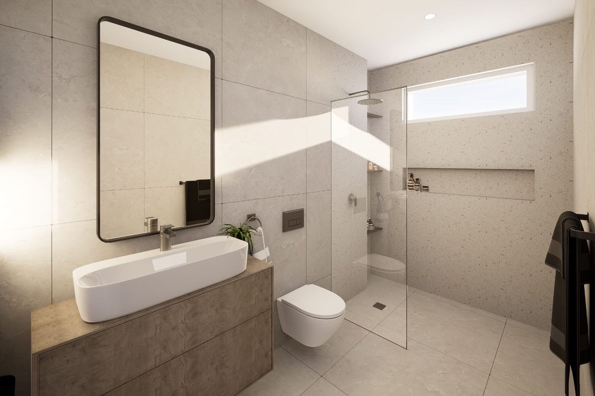 Modern bathroom featuring a wall-mounted toilet, walk-in shower with glass screen, built-in niche, and a stylish vanity with a vessel sink.