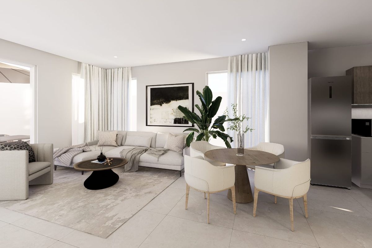 A bright and modern open-plan living and dining area featuring neutral tones, tiled flooring, recessed lighting, and seamless access to an outdoor patio.