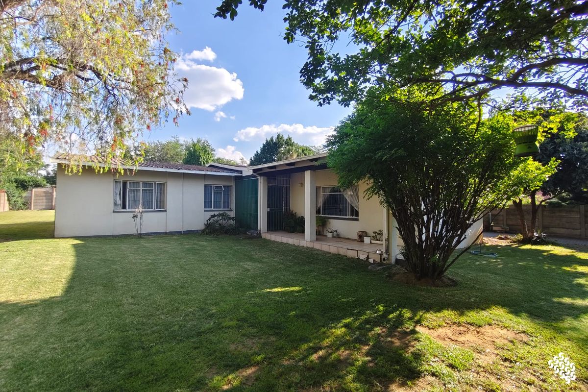Rear view of the house featuring a covered patio area, established garden, and well-maintained exterior walls with metal-framed windows.