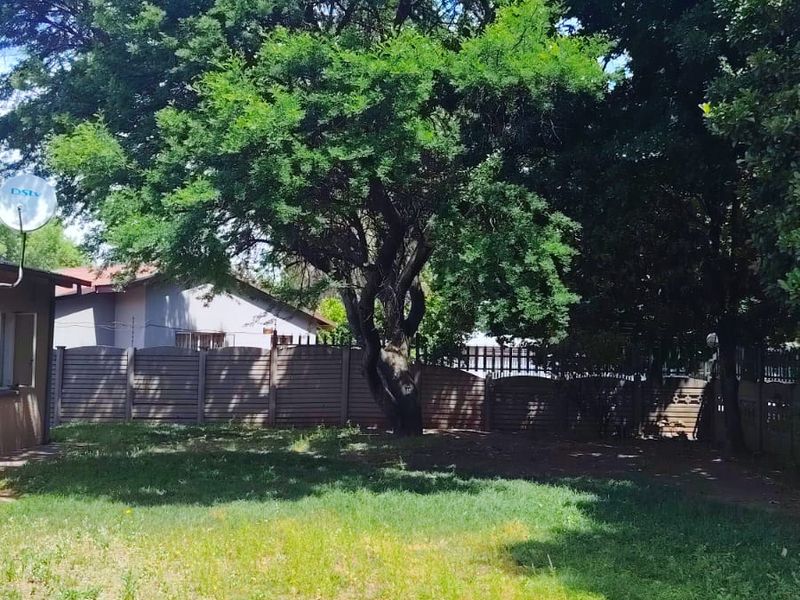 A private backyard garden featuring a paved walkway, established trees, and perimeter fencing.