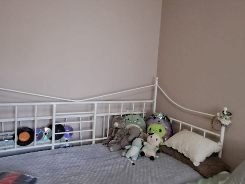 A bedroom featuring neutral wall paint and a metal bed frame.