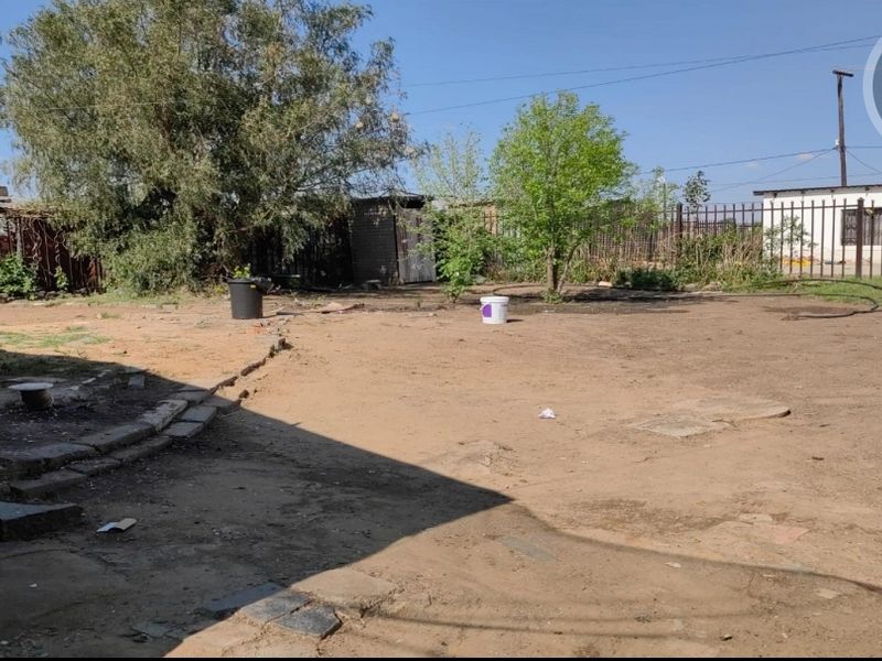 A spacious, undeveloped backyard area featuring perimeter metal fencing and mature trees, offering significant potential for landscaping and outdoor improvement.