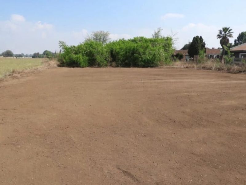 A view of a cleared, level residential plot of land with established trees in the background.