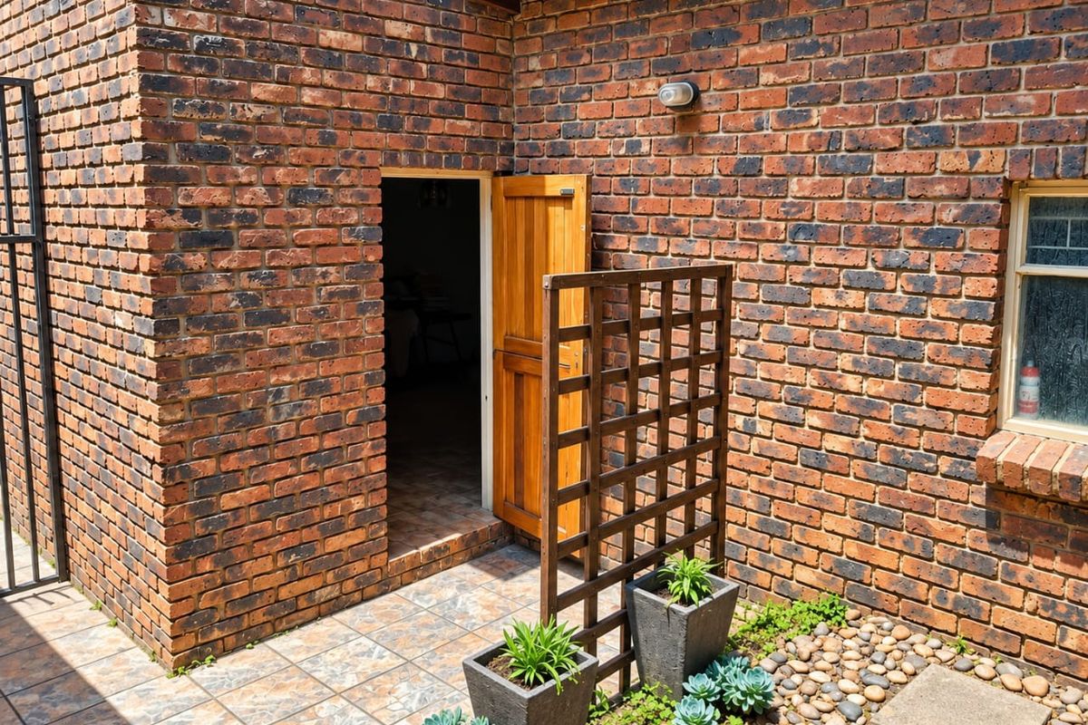 A rear exterior view featuring a face brick wall, tiled patio area, and a wooden door leading into the home.