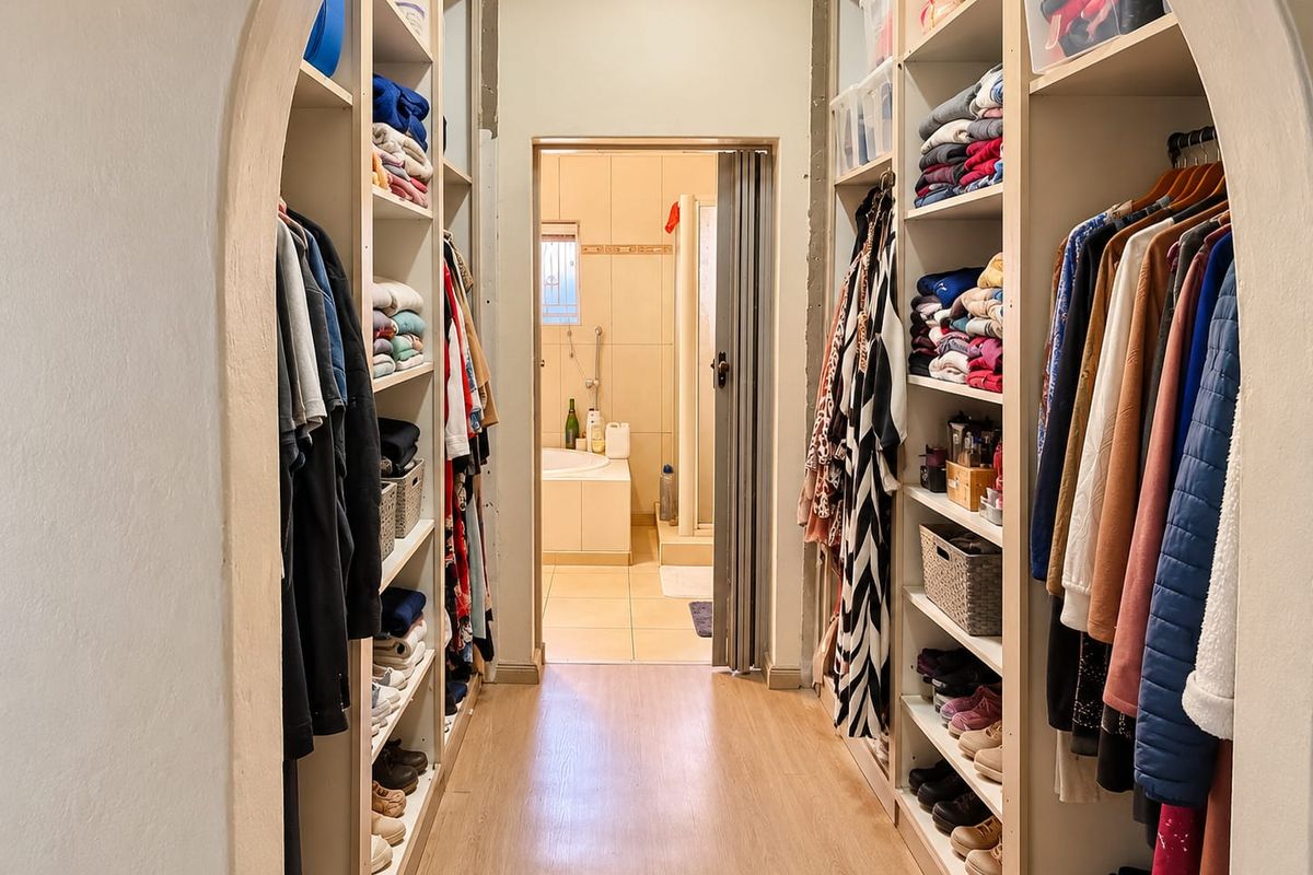 A walk-in closet area featuring extensive built-in shelving and hanging space, leading directly into an adjoining bathroom.
