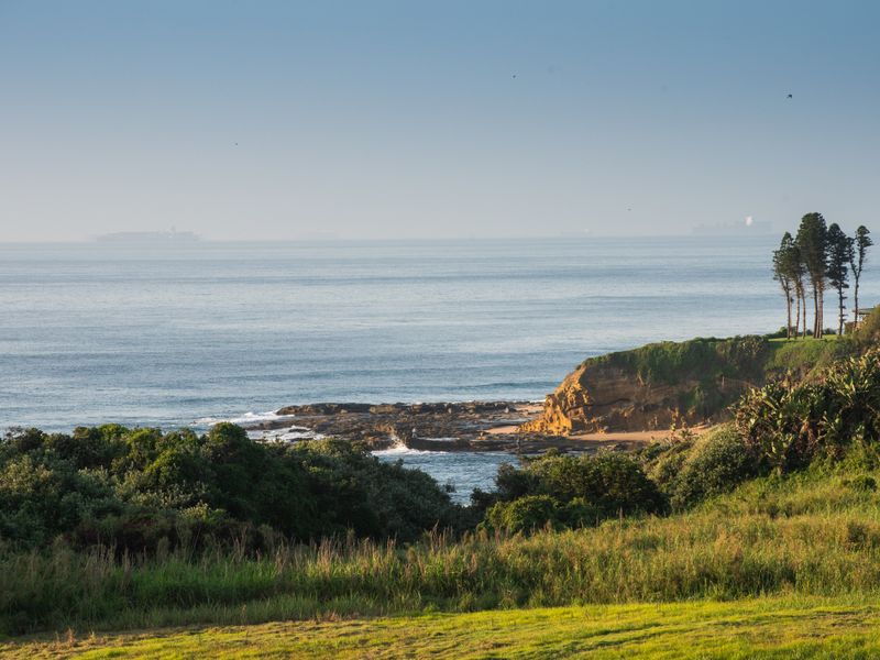 A scenic coastal view featuring a rocky shoreline, lush greenery, and an expansive ocean horizon.