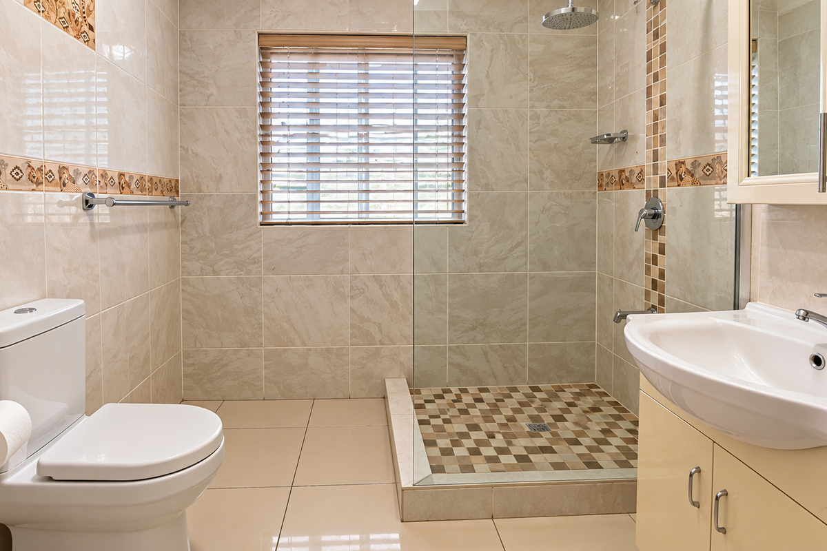 A clean, well-maintained bathroom featuring a walk-in shower with glass screen, vanity cabinet with basin, and neutral floor-to-ceiling wall tiling.