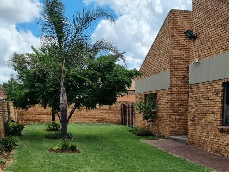A well-maintained rear garden featuring a lush lawn, mature palm tree, face brick exterior walls, and a paved walkway.