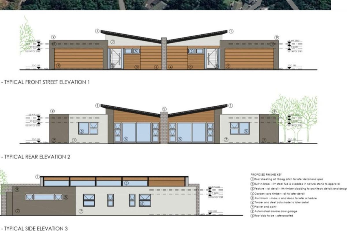 Architectural elevation drawings for Unit A, detailing front, rear, and side facade designs including proposed finishes and materials.