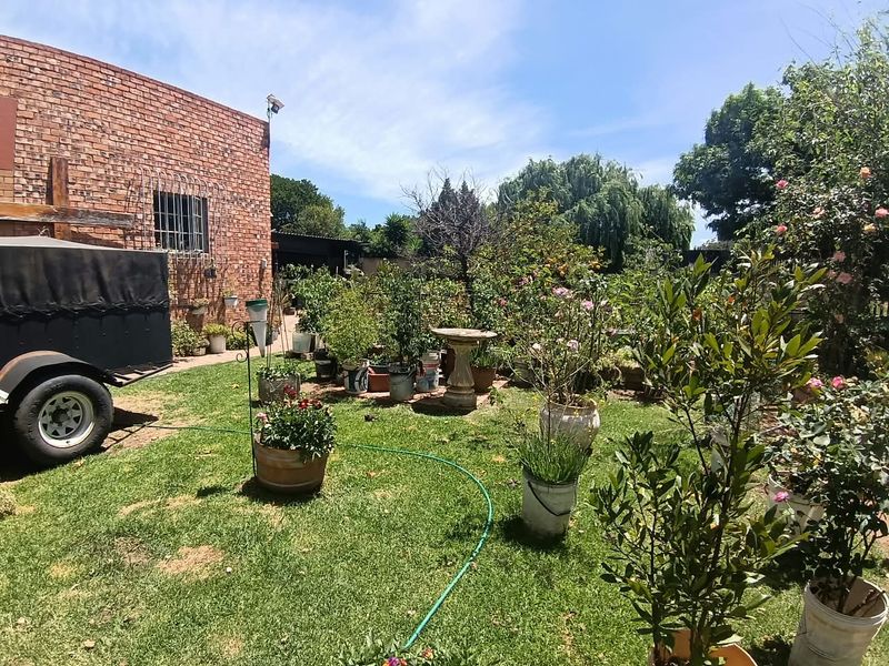 A spacious residential garden featuring a lush lawn, established greenery, and an exposed brick exterior wall with security window bars.
