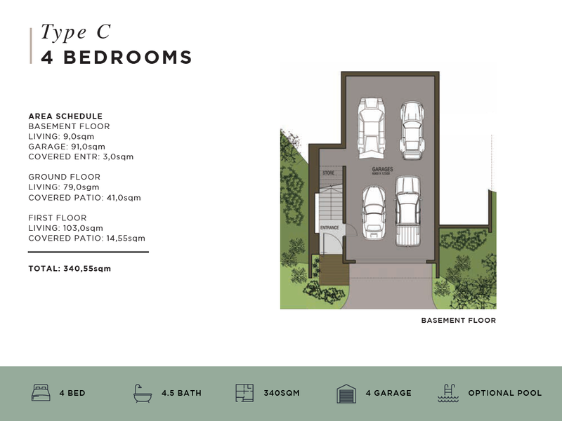 Architectural floor plan for Type C property featuring a four-car garage, storage area, and entrance access on the basement level.