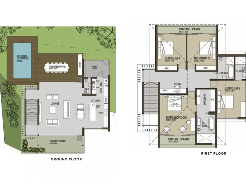 Architectural floor plan showing the ground and first floor layout of a four-bedroom house with multiple living areas and outdoor spaces.