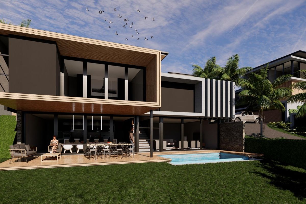 Modern rear exterior featuring a swimming pool, timber decking, and a covered patio area with large sliding glass doors.
