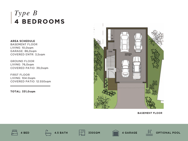 Architectural floor plan for the basement level of a four-bedroom house, featuring a large four-car garage, storage area, and entrance staircase.