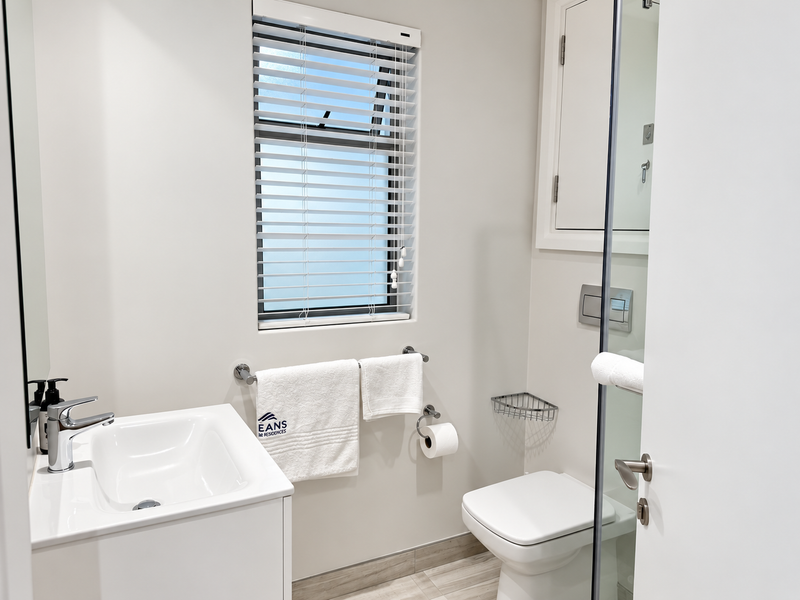 A modern, well-maintained bathroom featuring a wall-mounted toilet, vanity basin with mixer tap, and a glass shower screen with neutral tiled flooring.