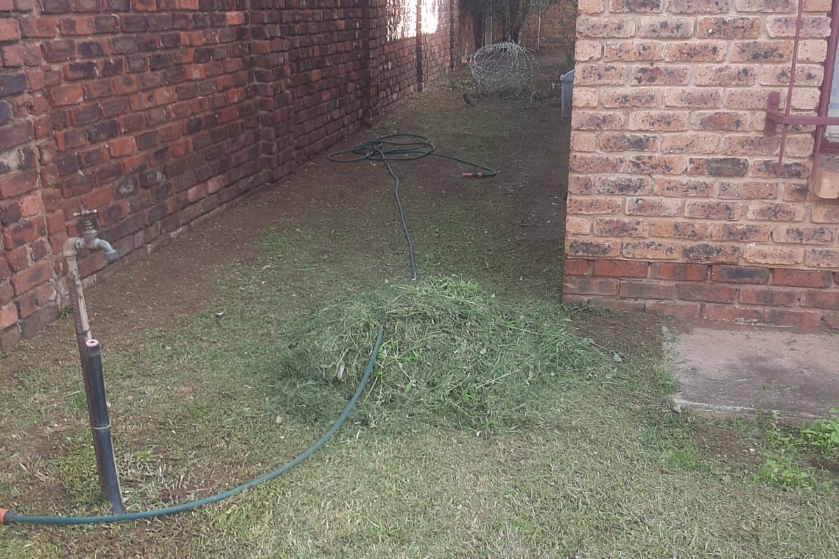 A side garden area featuring a brick boundary wall and exterior brickwork, with an outdoor water tap and lawn space.