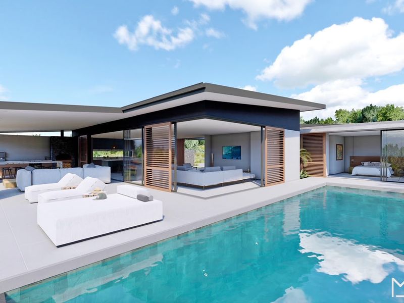 A modern architectural rendering of a luxury outdoor pool area featuring a tiled patio, built-in outdoor kitchen, and seamless indoor-outdoor living spaces.