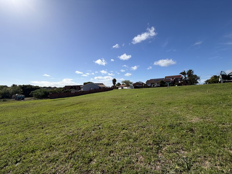 A wide-angle view of a vacant residential plot featuring a grassy lawn and boundary wall, situated in a developed neighborhood.